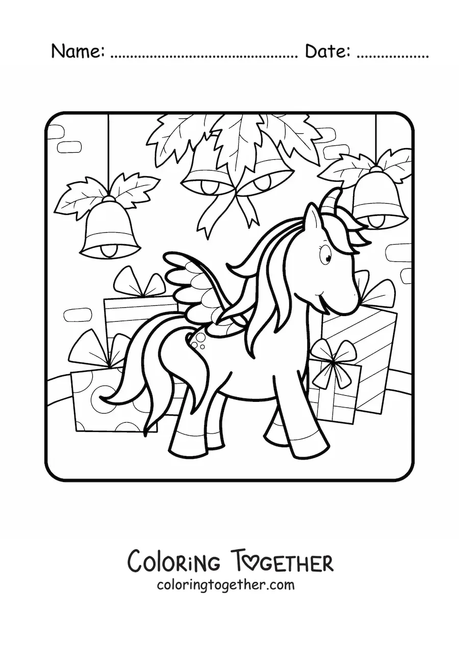 Coloring page of a unicorn with Christmas bells