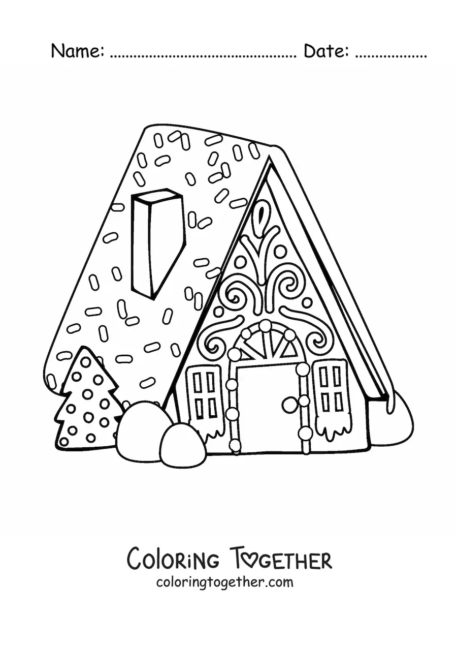 Coloring page of a gingerbread house with a Christmas tree