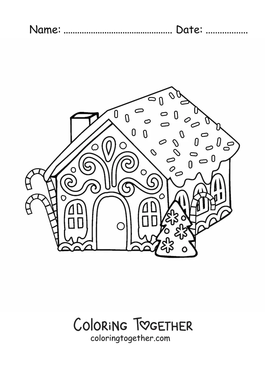 Coloring page of a gingerbread house with a Christmas tree and candy canes