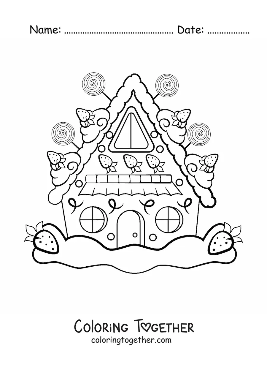 Coloring page of a kawaii gingerbread house with strawberries