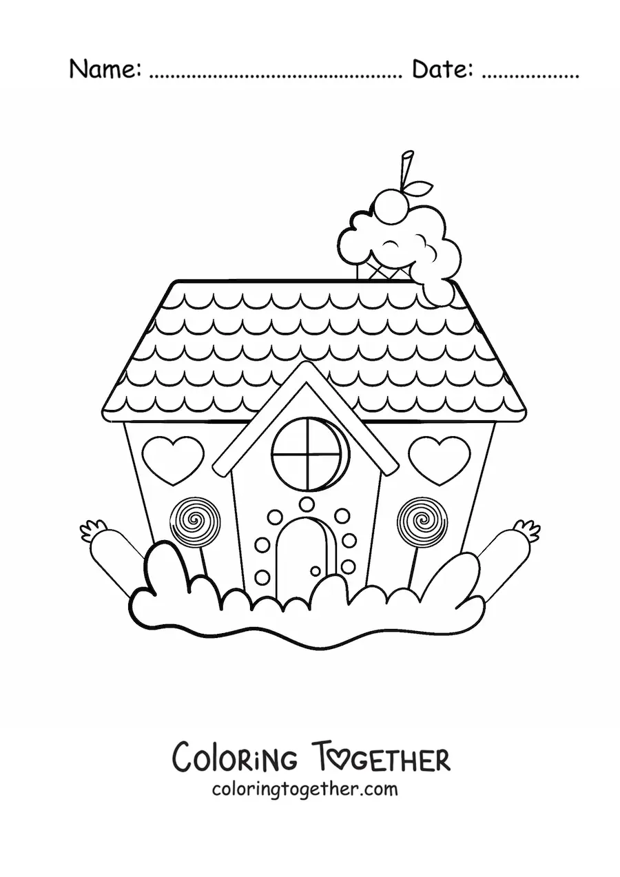 Coloring page of a kawaii gingerbread house with hearts
