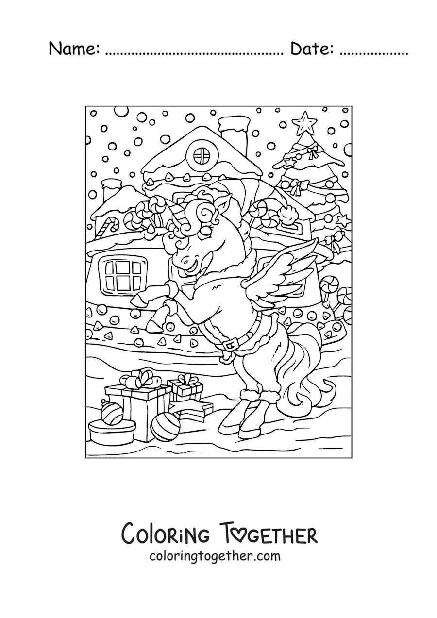 Coloring page of an animated unicorn with a gingerbread house