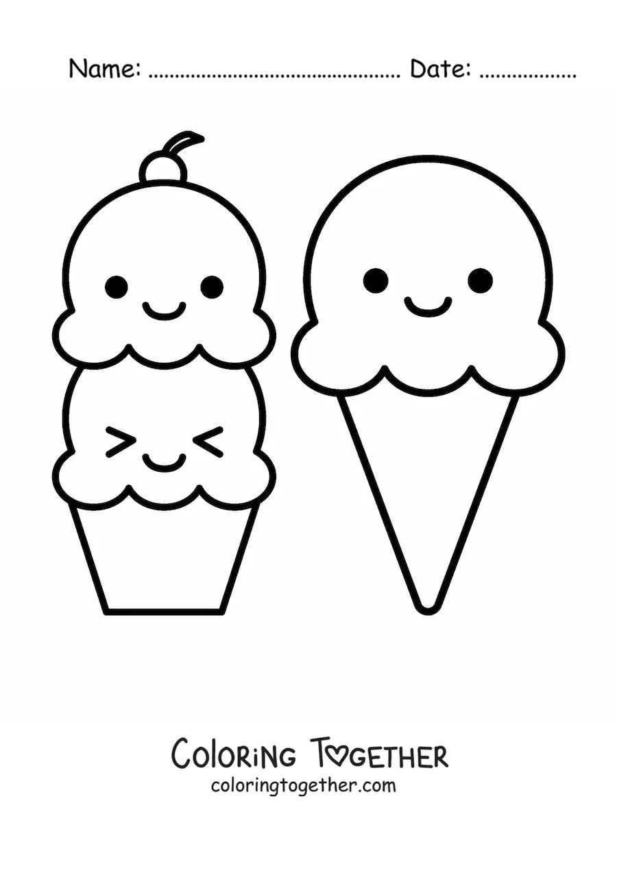 Coloring page of a kawaii two-flavor ice cream and an ice cream cone
