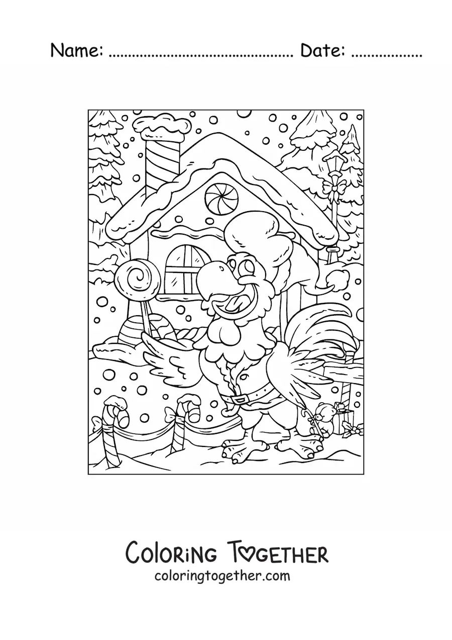 Coloring page of an animated parrot with a gingerbread house