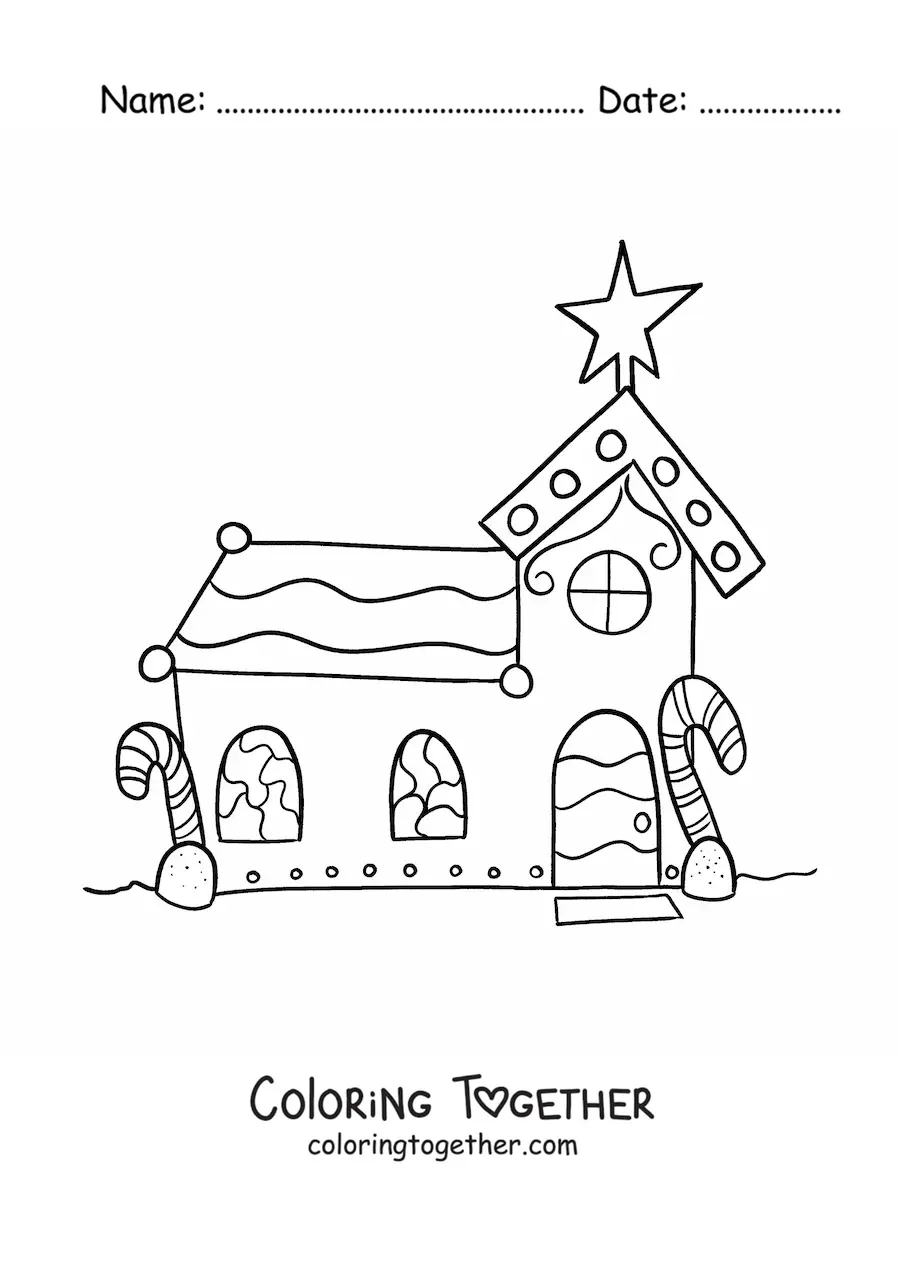 Coloring page of a gingerbread cookie church