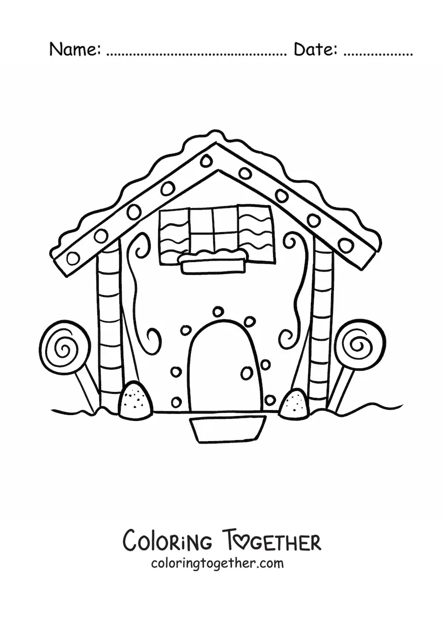 Coloring page of an animated gingerbread house