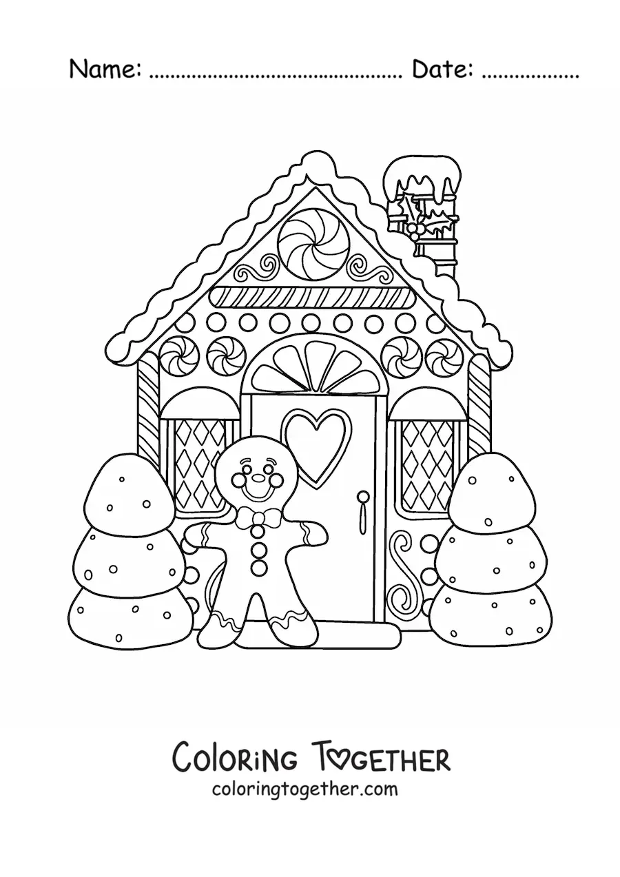 Coloring page of a Christmas gingerbread house with a gingerbread man
