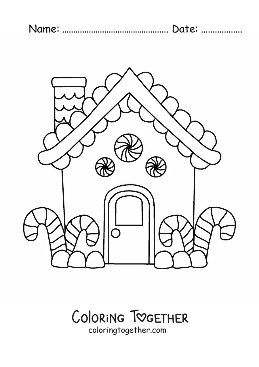 Coloring page of a little gingerbread house with candy canes