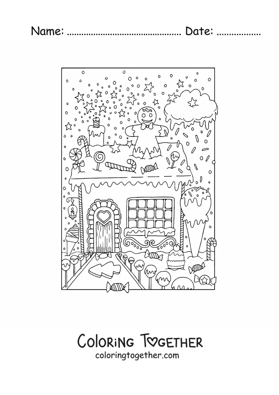 Coloring page of a gingerbread house with a garden