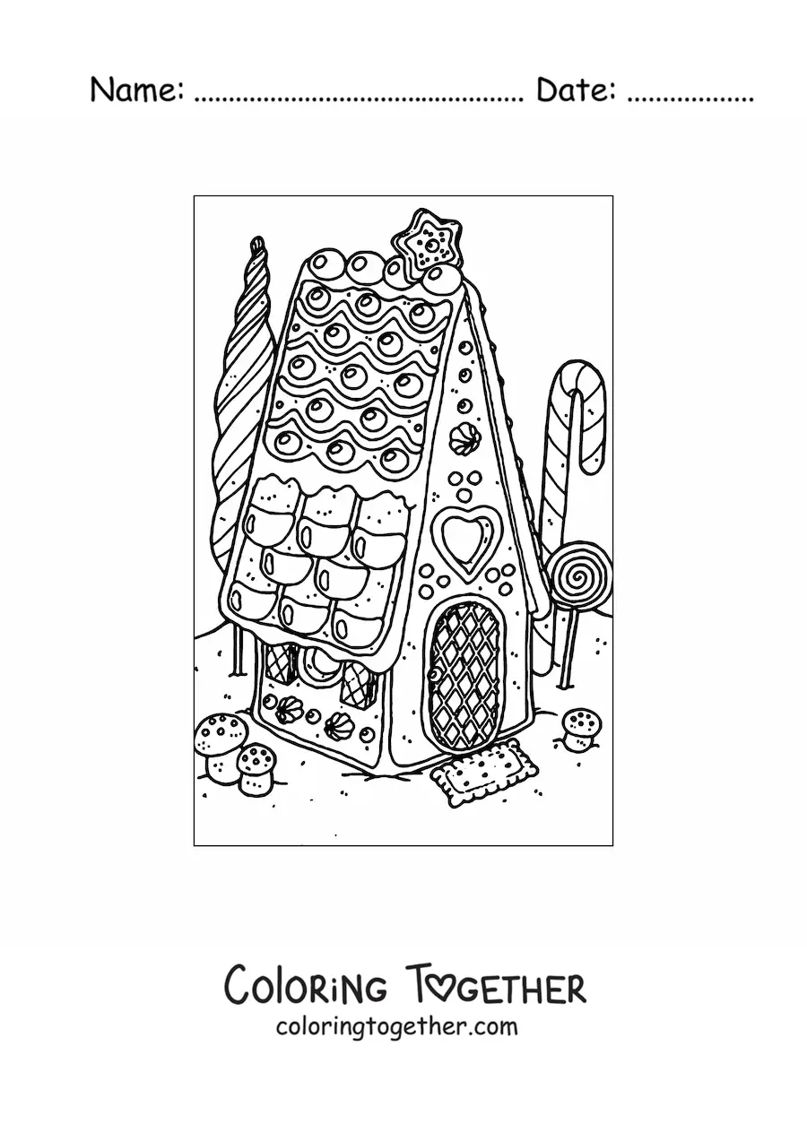 Coloring page of a realistic gingerbread house with a garden