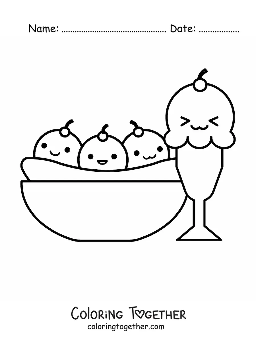 Coloring page of a kawaii banana split and a sundae cup