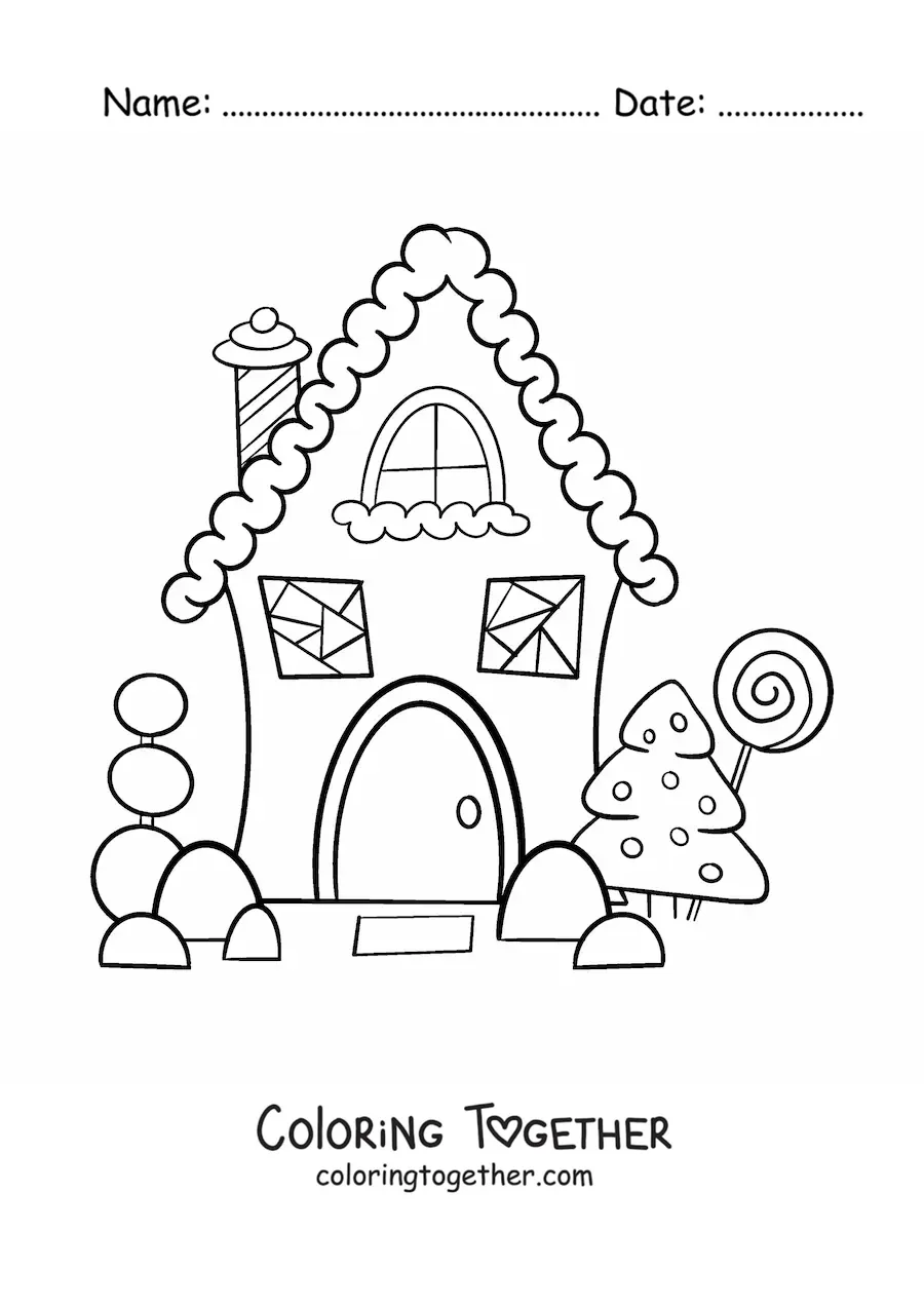 Coloring page of a gingerbread house with a Christmas pine