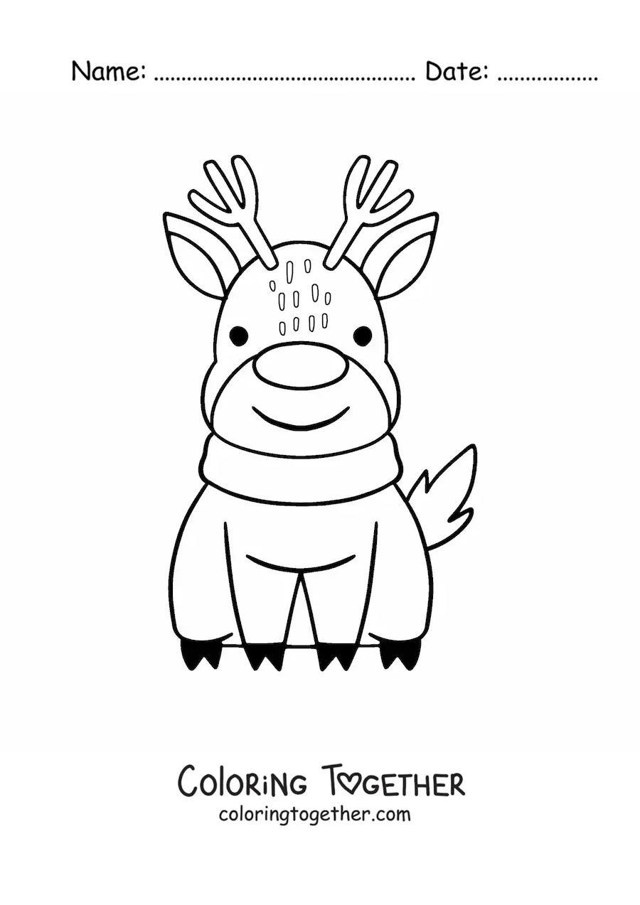 Coloring page of a kawaii Christmas reindeer sitting