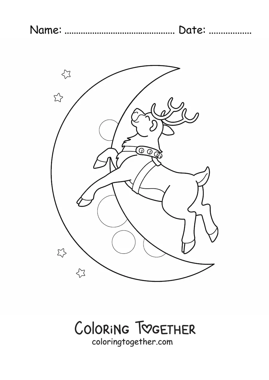 Coloring page of a Christmas reindeer flying
