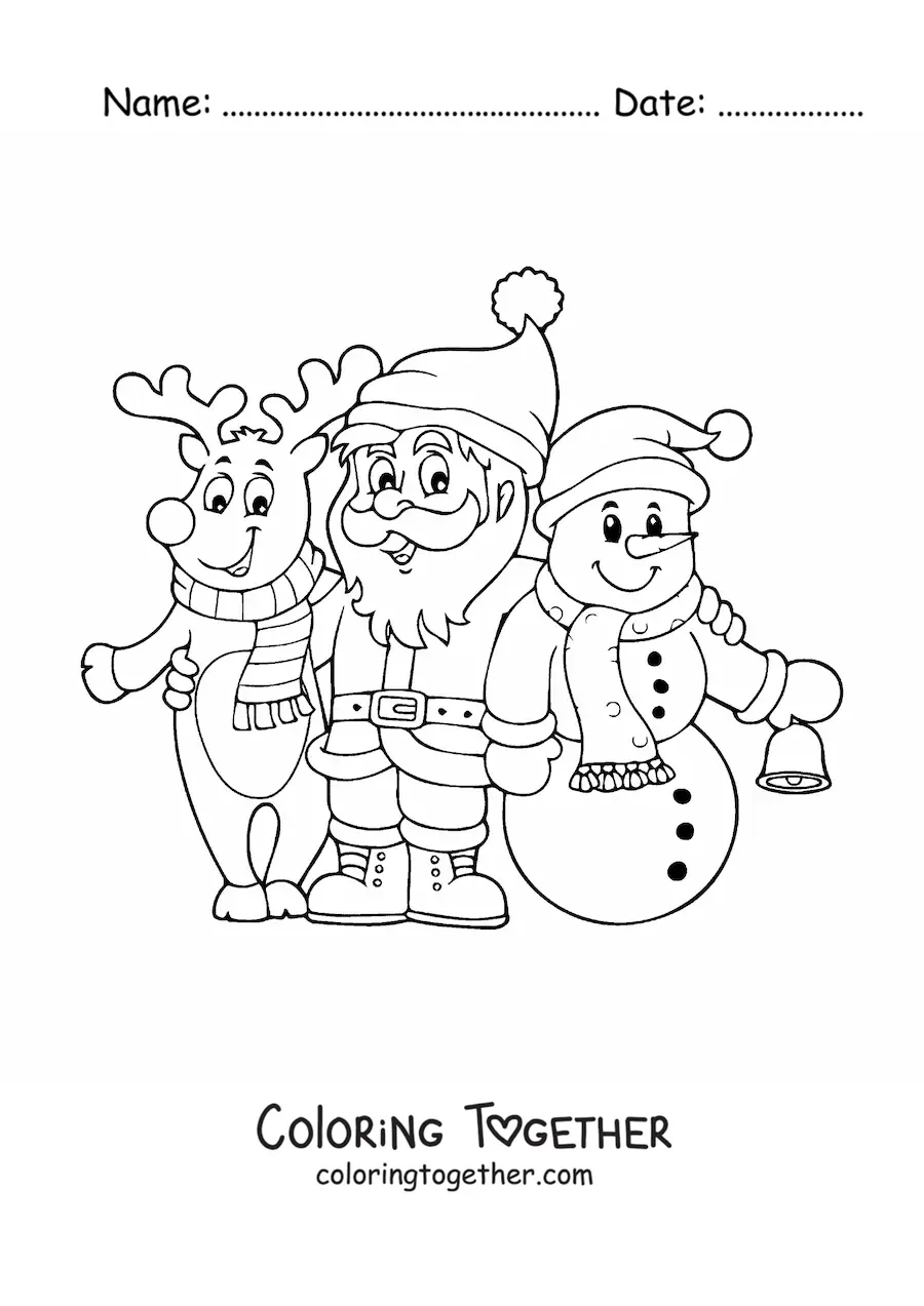 Coloring page of a Christmas reindeer with Santa and a snowman