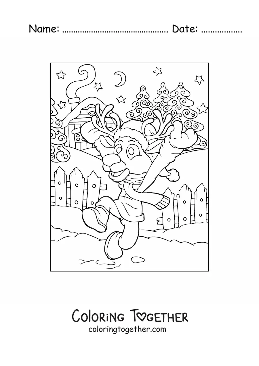 Coloring page of an animated Christmas reindeer