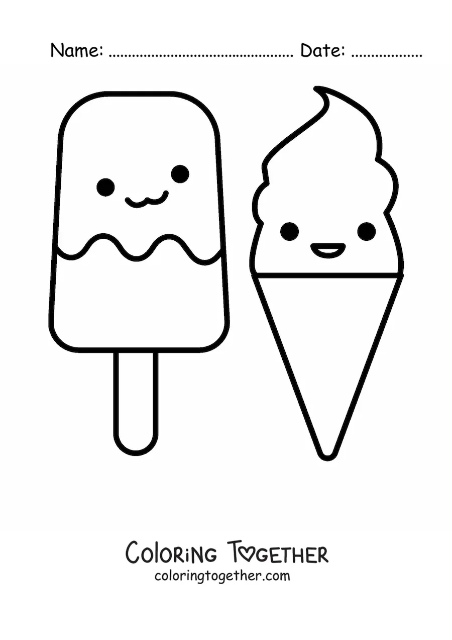 Coloring page of a kawaii ice cream popsicle and an ice cream cone