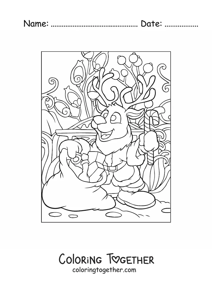 Coloring page of an animated Christmas reindeer with presents