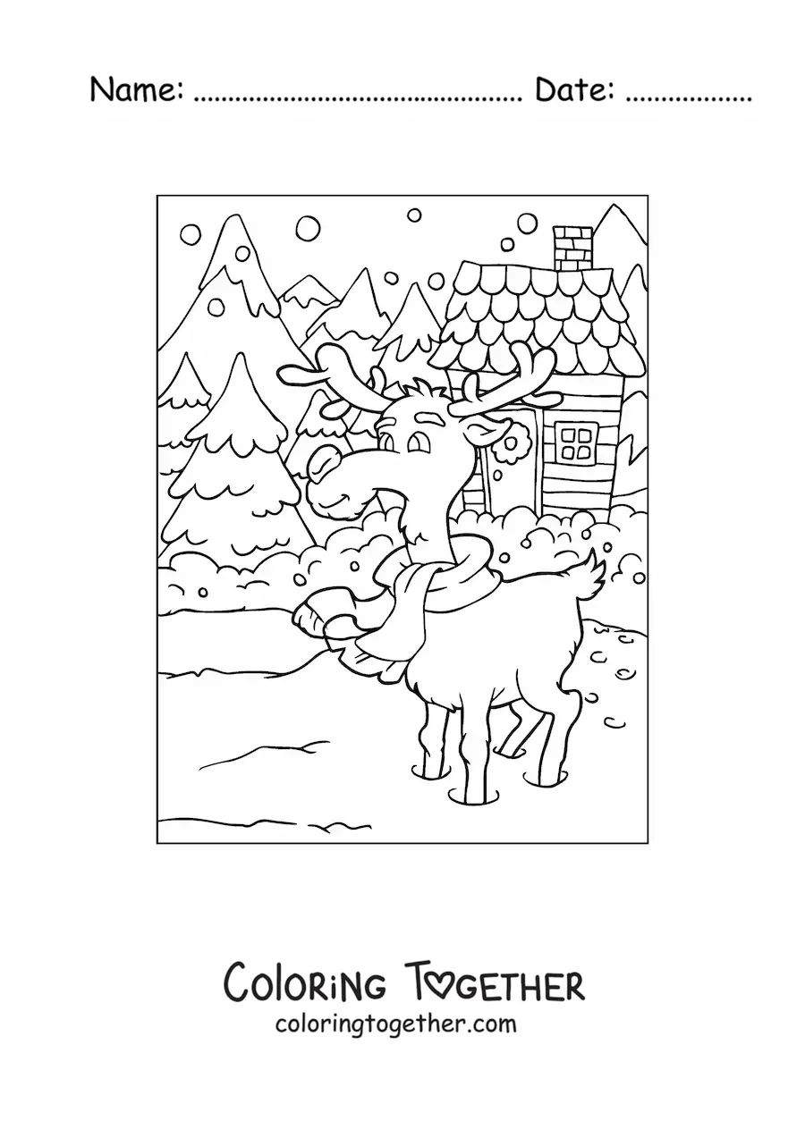 Coloring page of an animated Christmas reindeer in the snow
