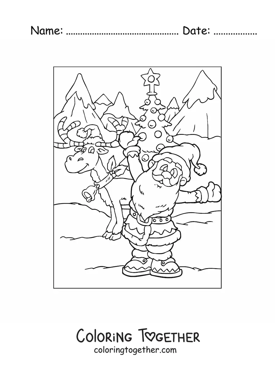 Coloring page of an animated Christmas reindeer with Santa