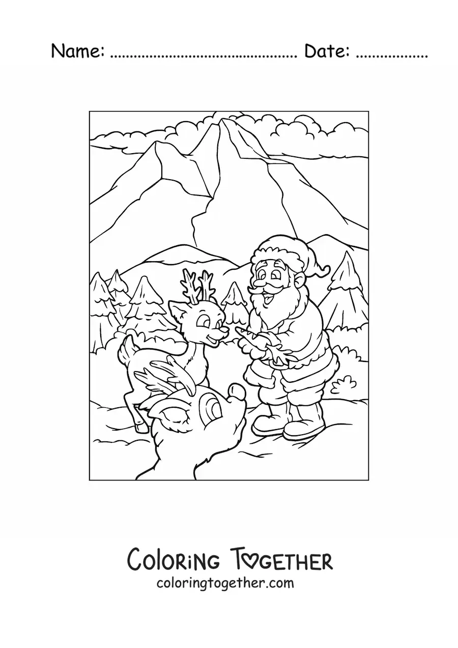Coloring page of animated Christmas reindeer with Santa