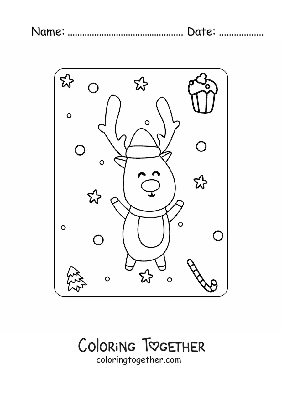 Coloring page of an animated Christmas reindeer with a hat