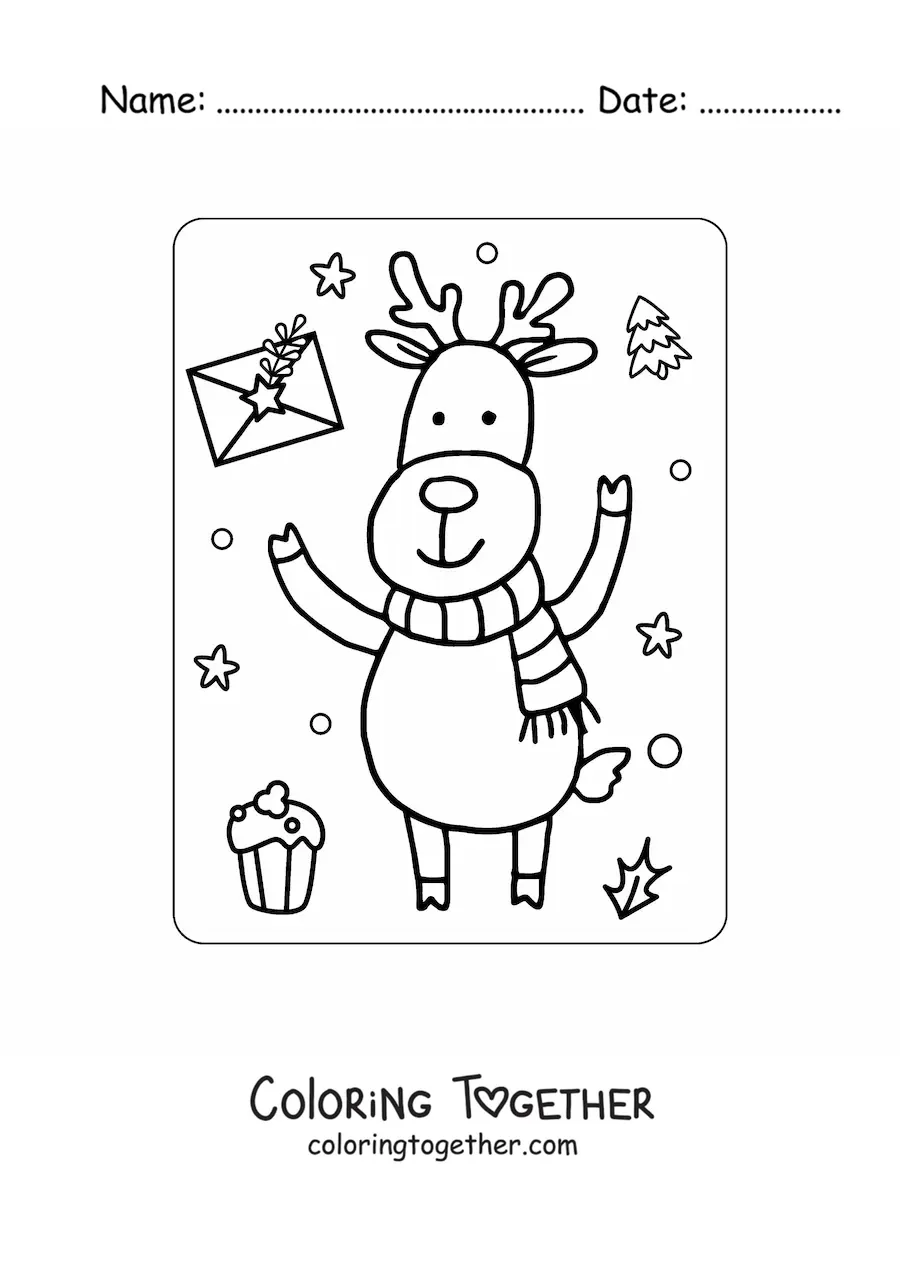 Coloring page of an animated kawaii Christmas reindeer with a scarf