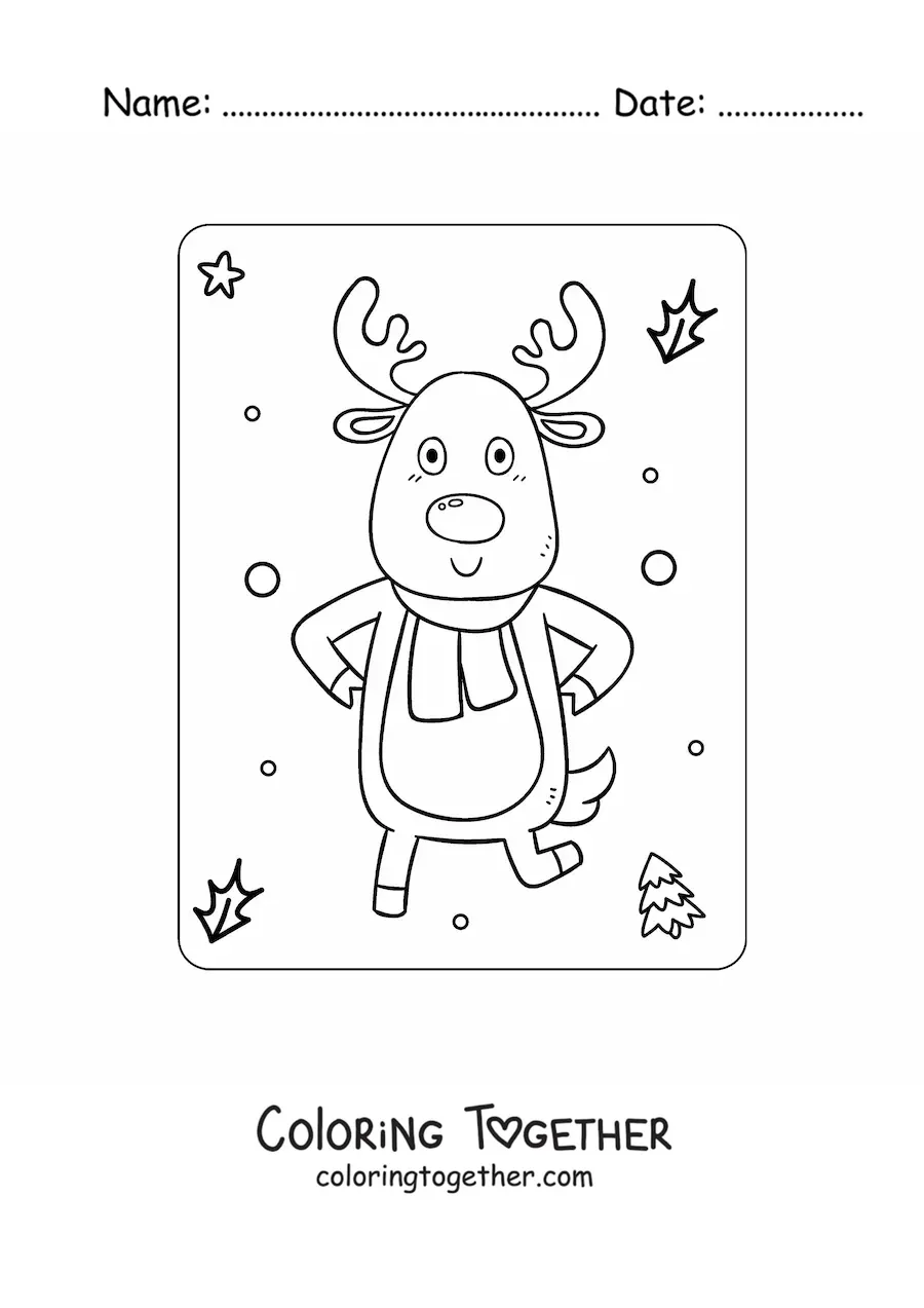 Coloring page of an animated Christmas reindeer with a scarf