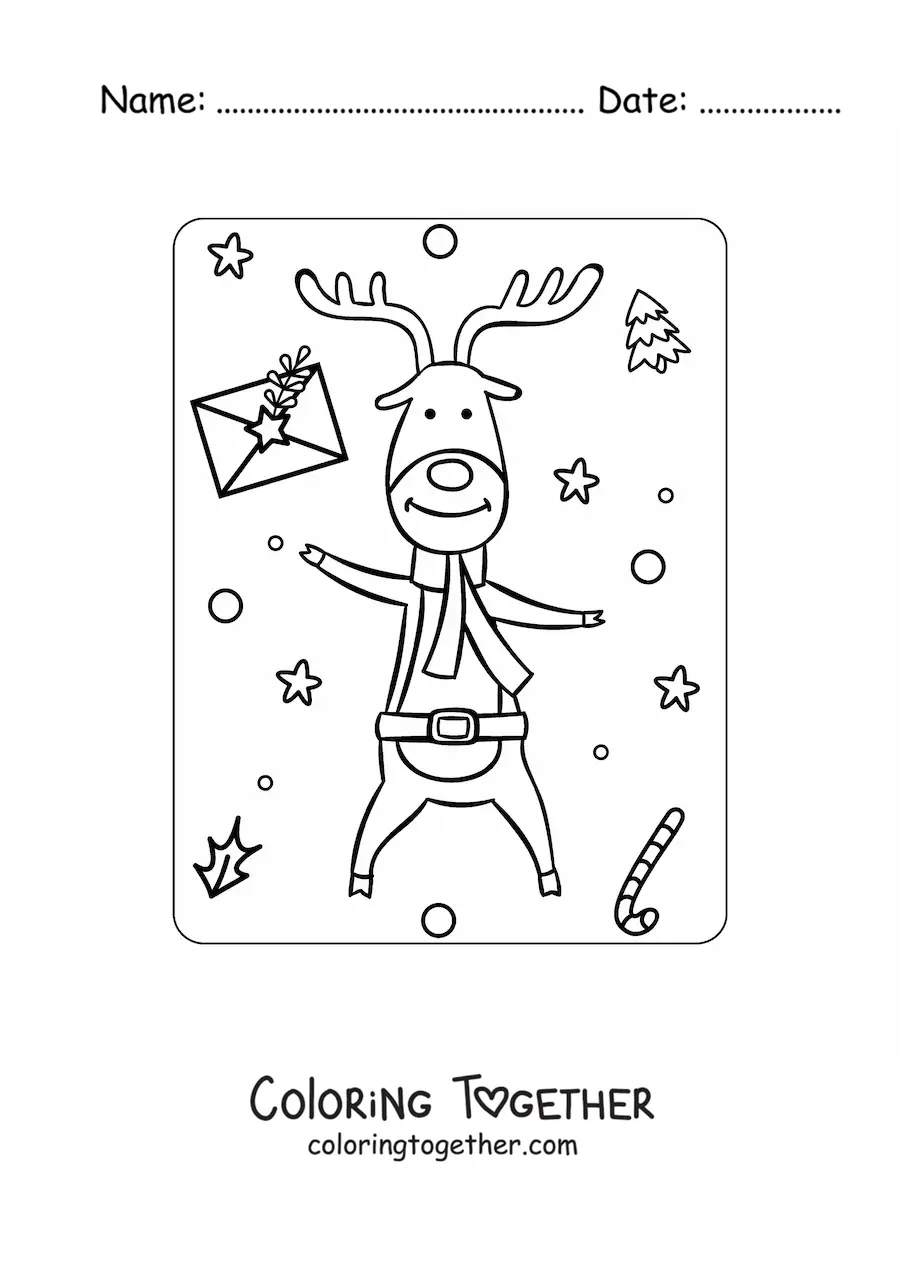Coloring page of an animated Christmas reindeer with a scarf