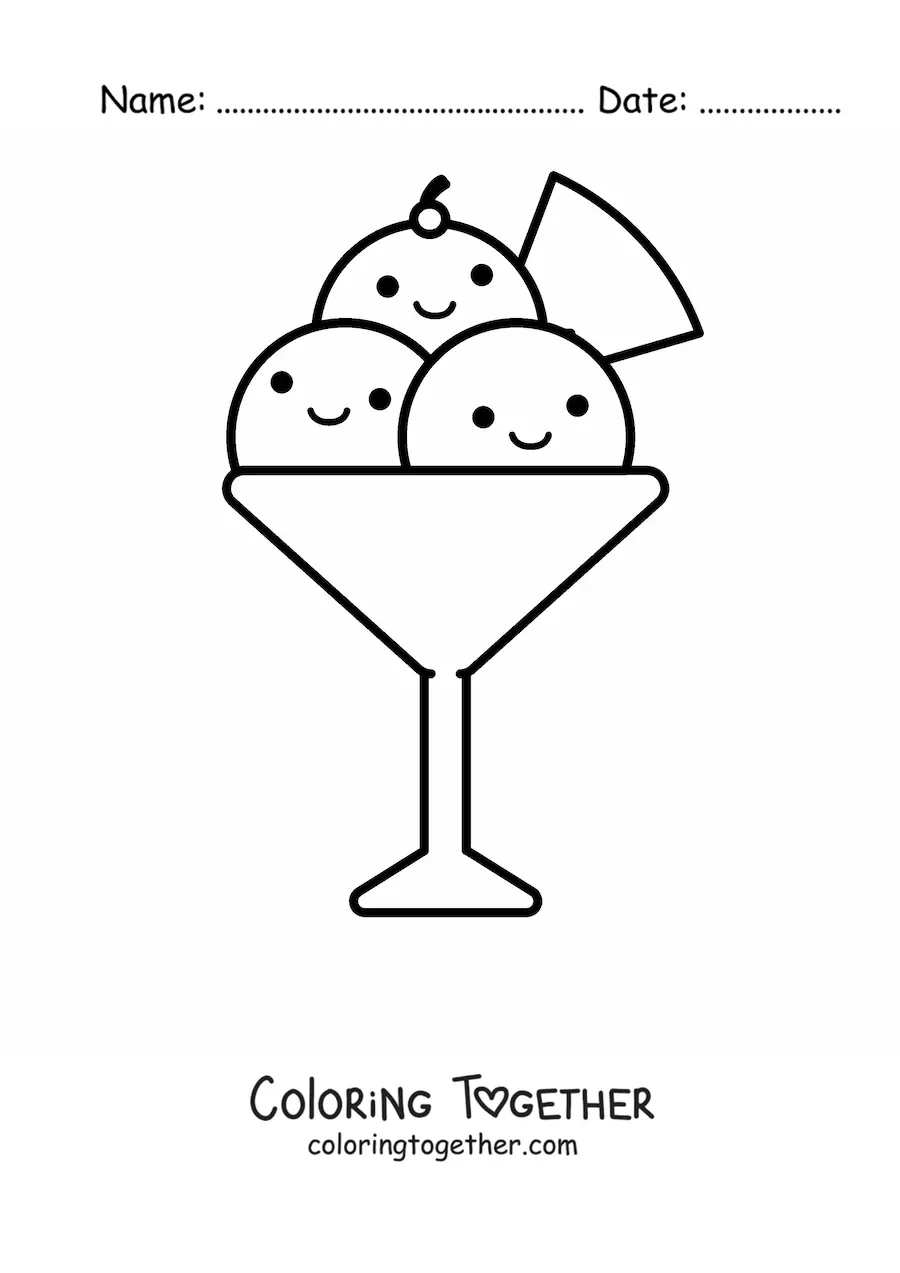 Coloring page of a kawaii ice cream sundae