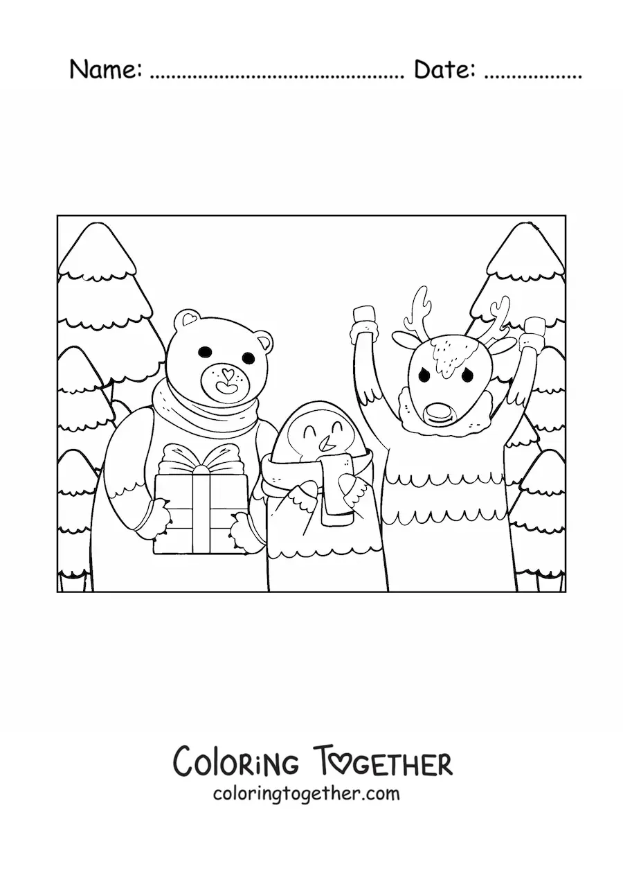 Coloring page of a Christmas reindeer with animals and presents