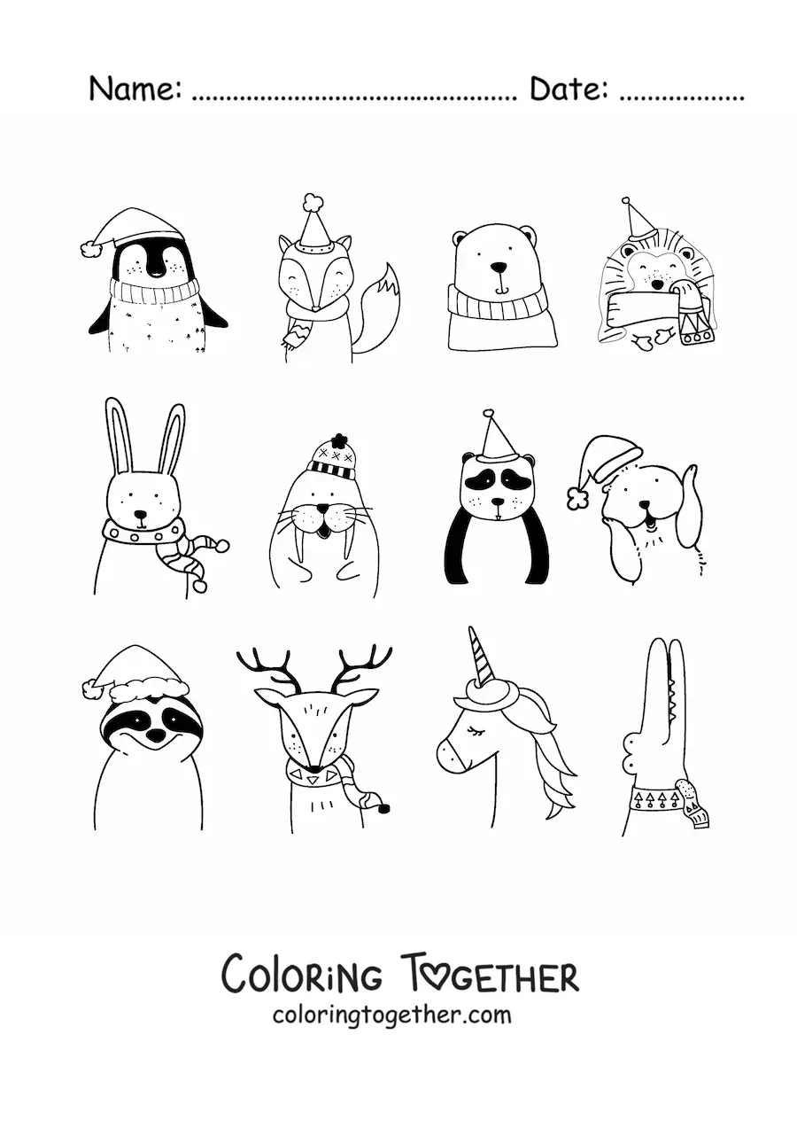 Coloring page of a Christmas reindeer with Christmas animals