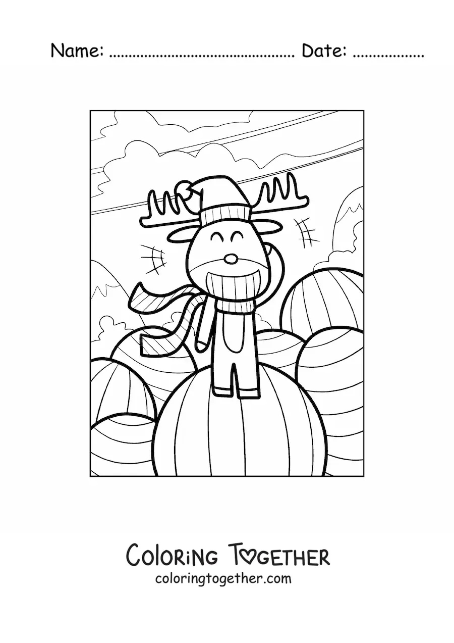 Coloring page of an animated Christmas reindeer with a Santa hat