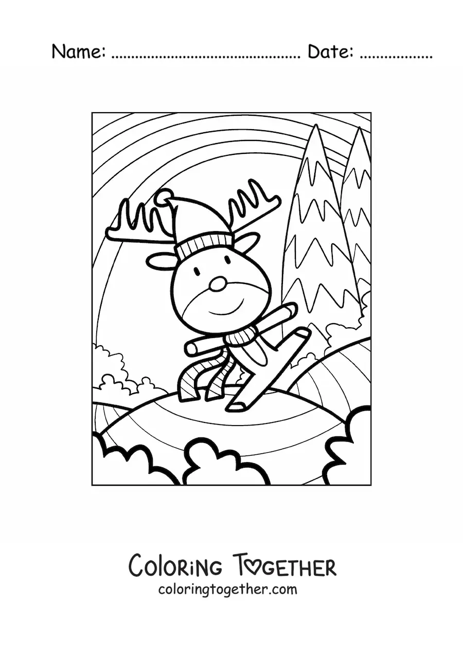 Coloring page of an animated Christmas reindeer with a Santa hat