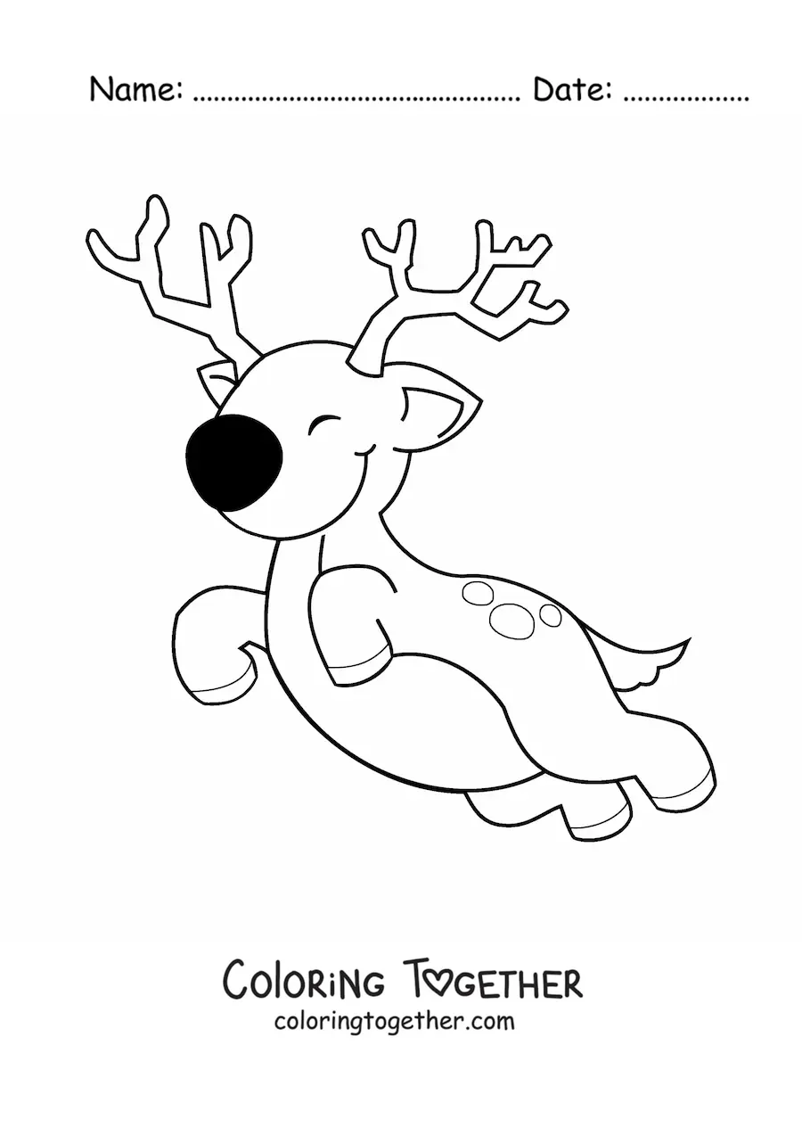 Coloring page of a kawaii Christmas reindeer flying