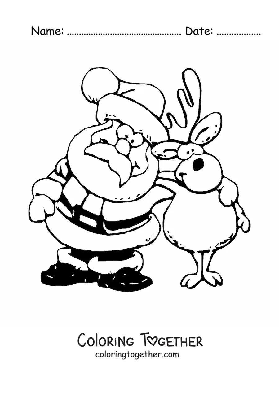 Coloring page of a Christmas reindeer with Santa Claus
