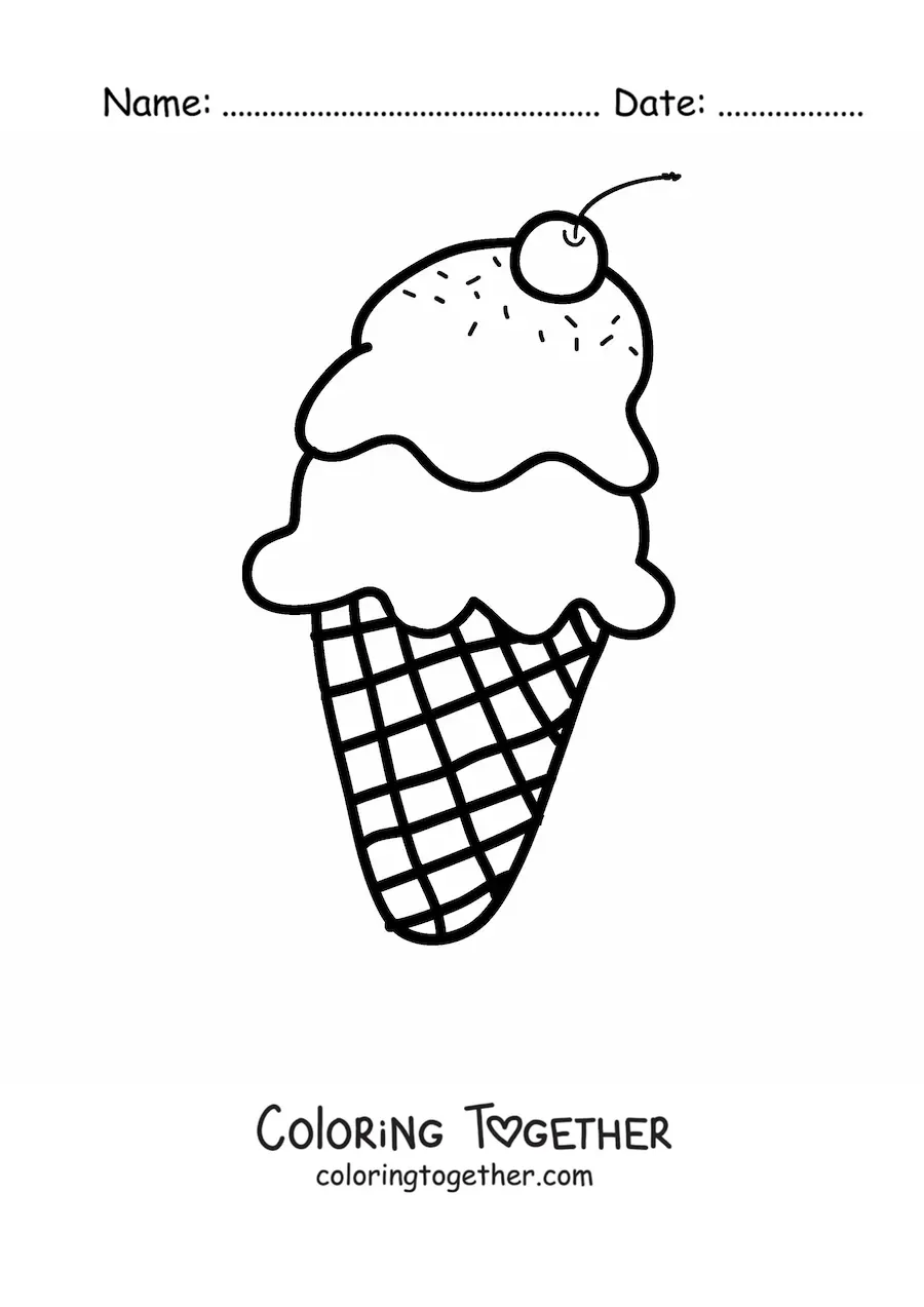 Coloring page of a double scoop ice cream cone with a cherry