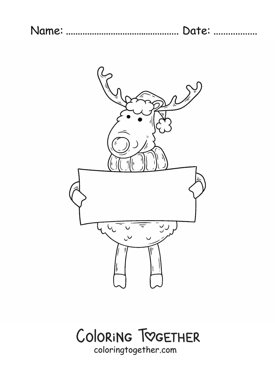 Coloring page of a reindeer with a sign and a Christmas hat