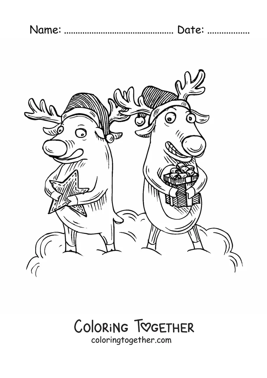 Coloring page of cartoon Christmas reindeer with gifts