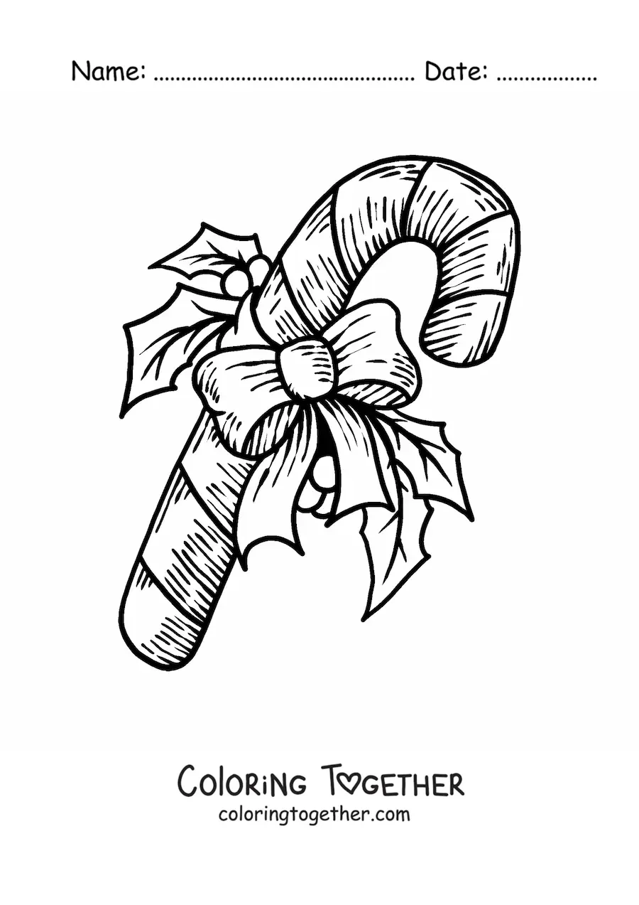 Coloring page of a candy cane with a realistic bow