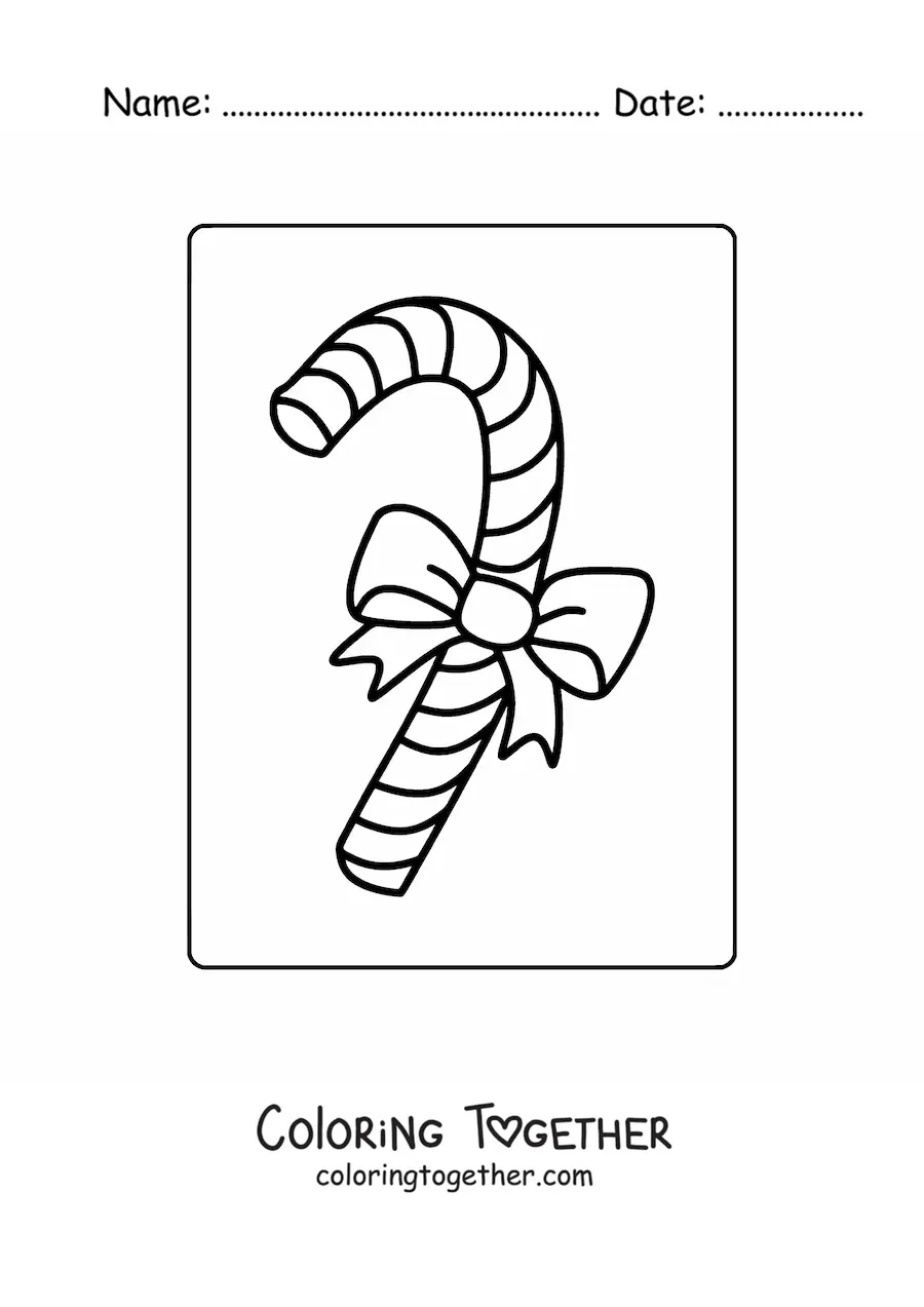 Coloring page of a candy cane with a bow