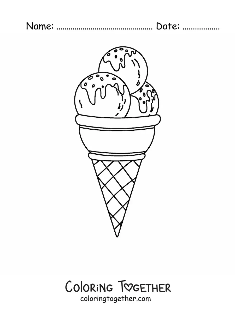 Coloring page of a triple scoop ice cream cone