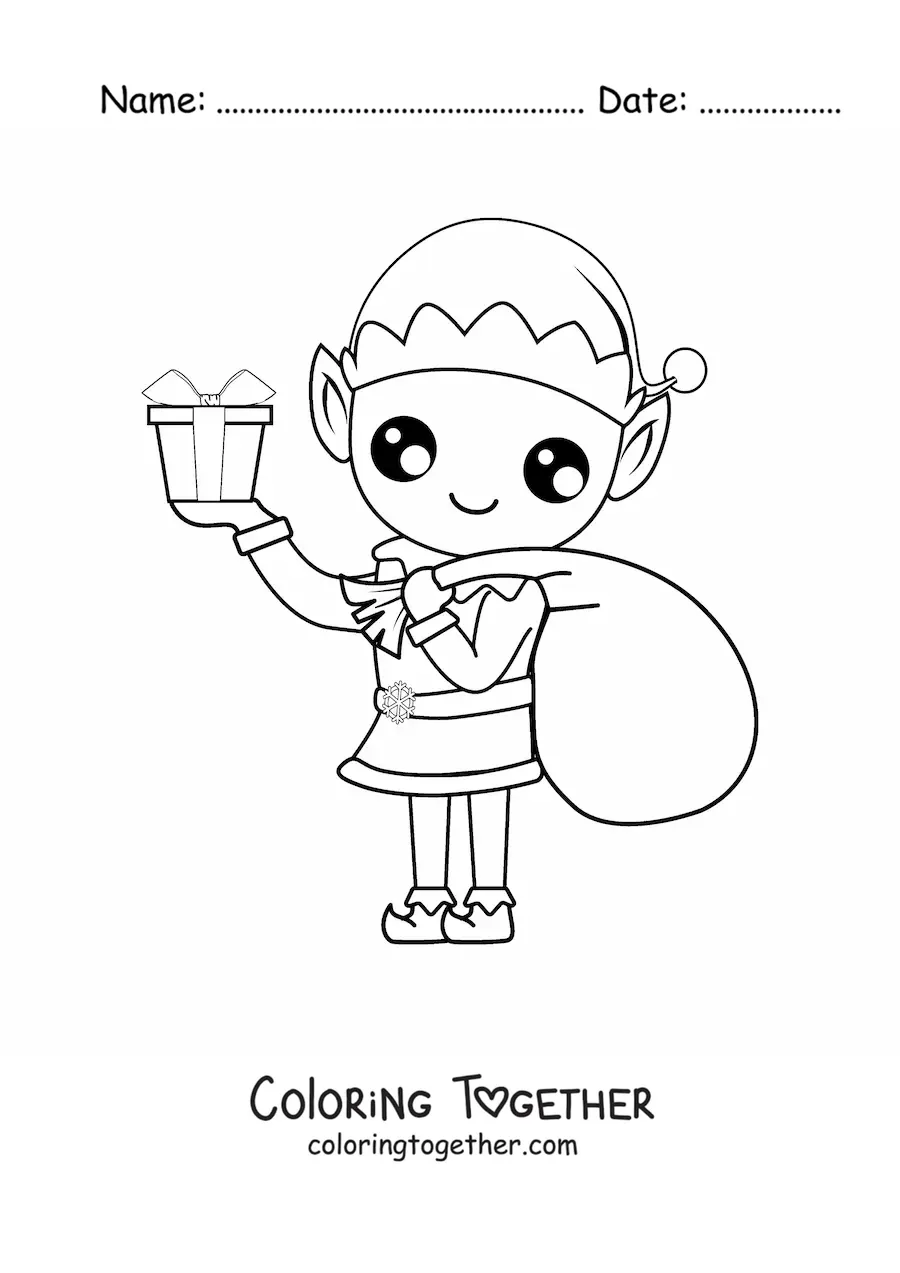 Coloring page of a Christmas elf with a sack of gifts