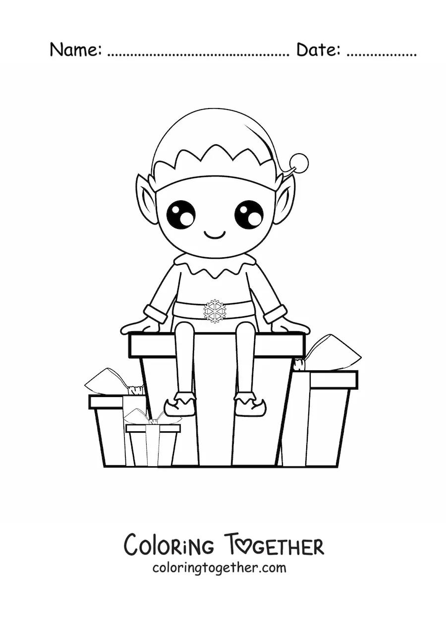 Coloring page of a Christmas elf with gifts
