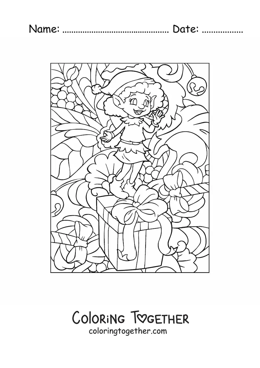 Coloring page of a Christmas elf girl with a gift