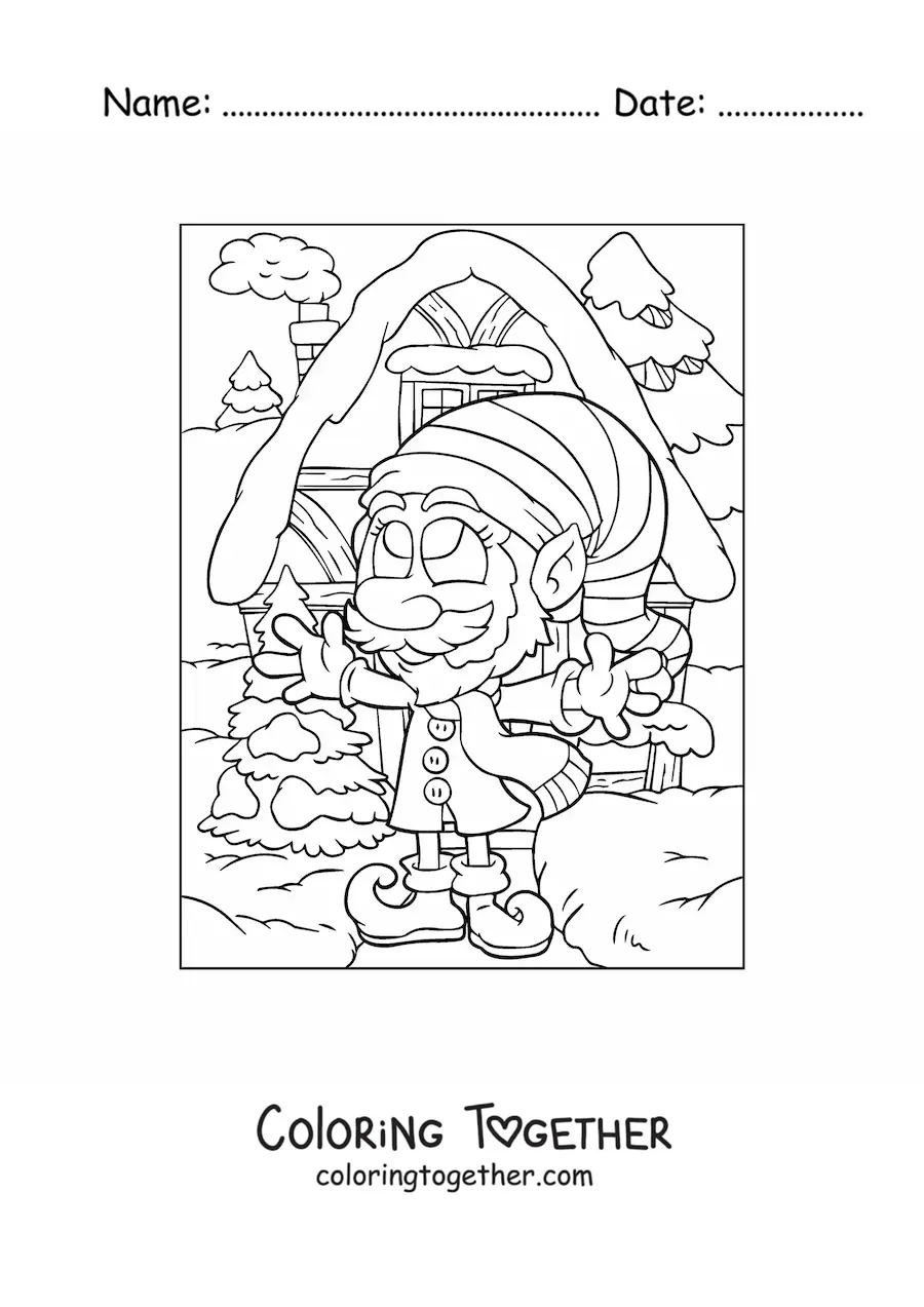 Coloring page of an animated Christmas elf