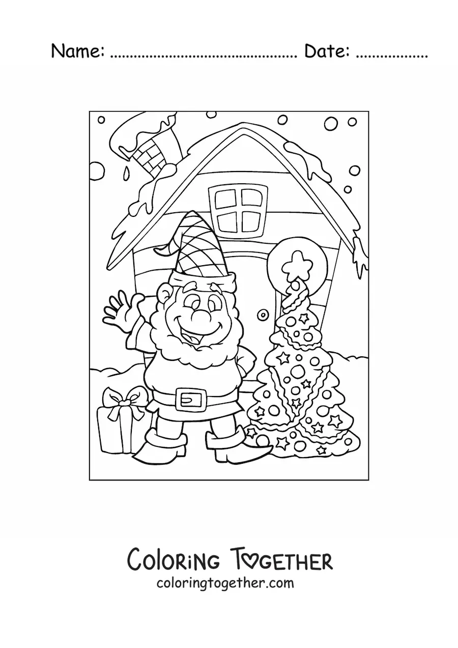 Coloring page of a Christmas elf with a tree