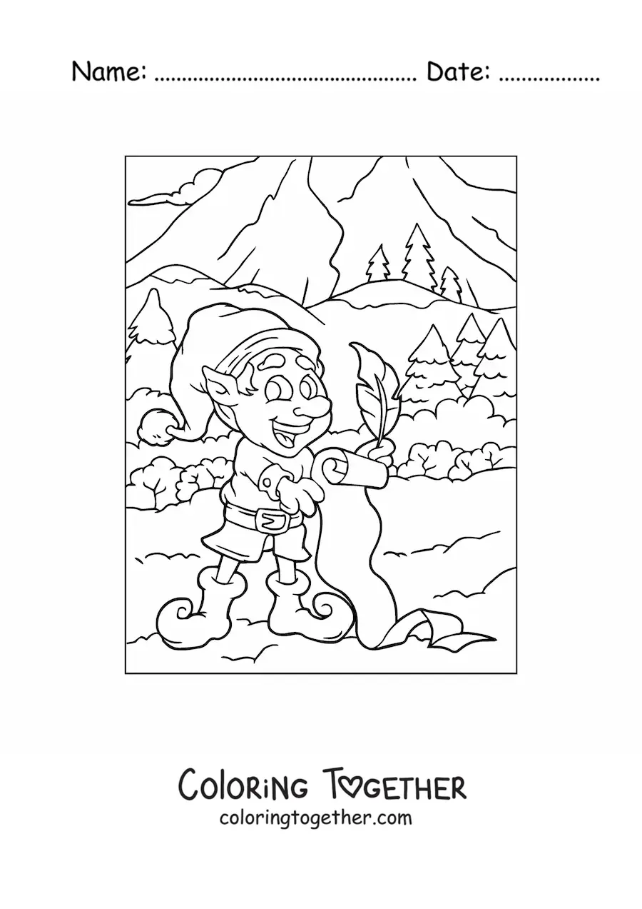Coloring page of a Christmas elf with a list