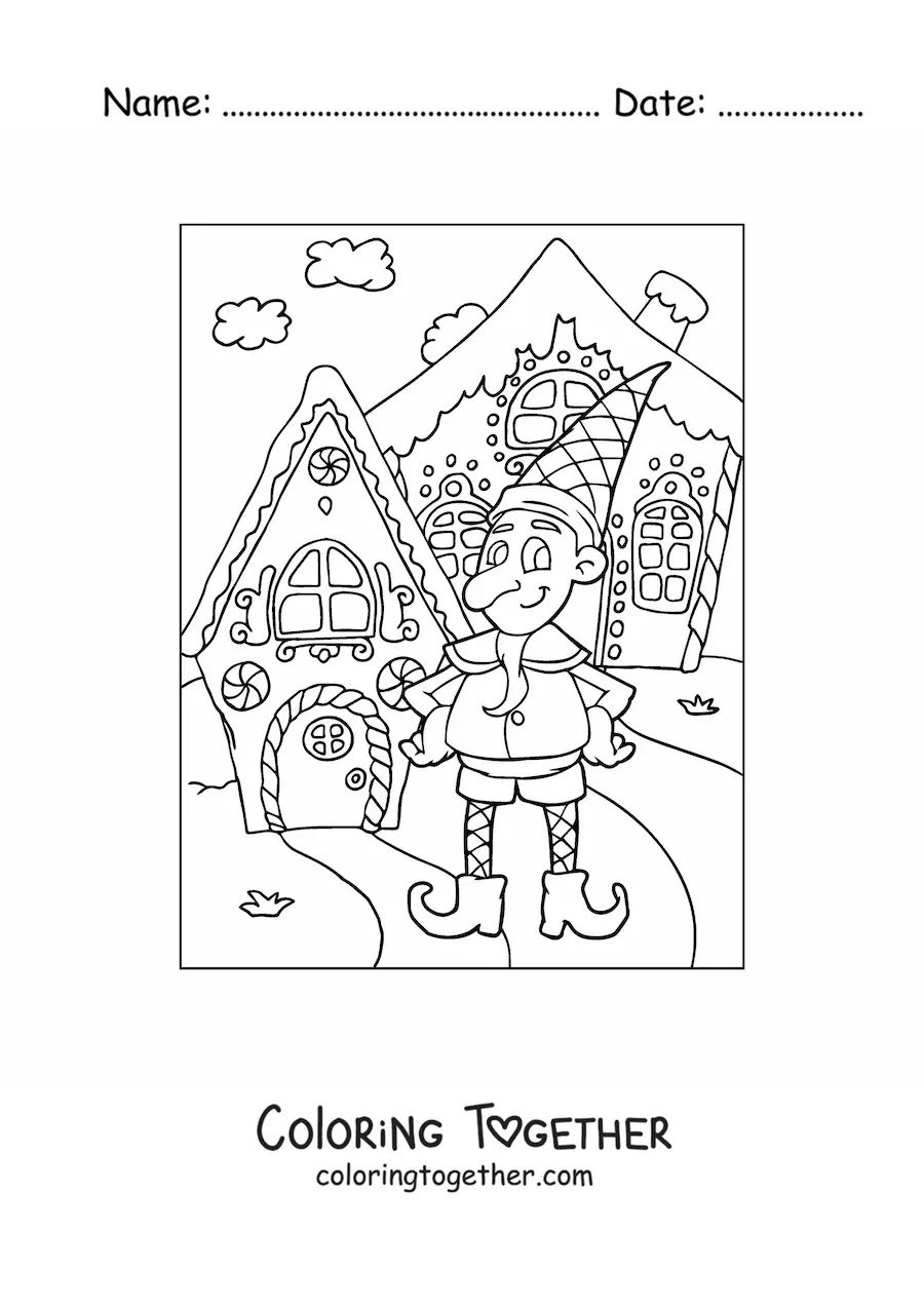 Coloring page of a Christmas elf with a gingerbread house