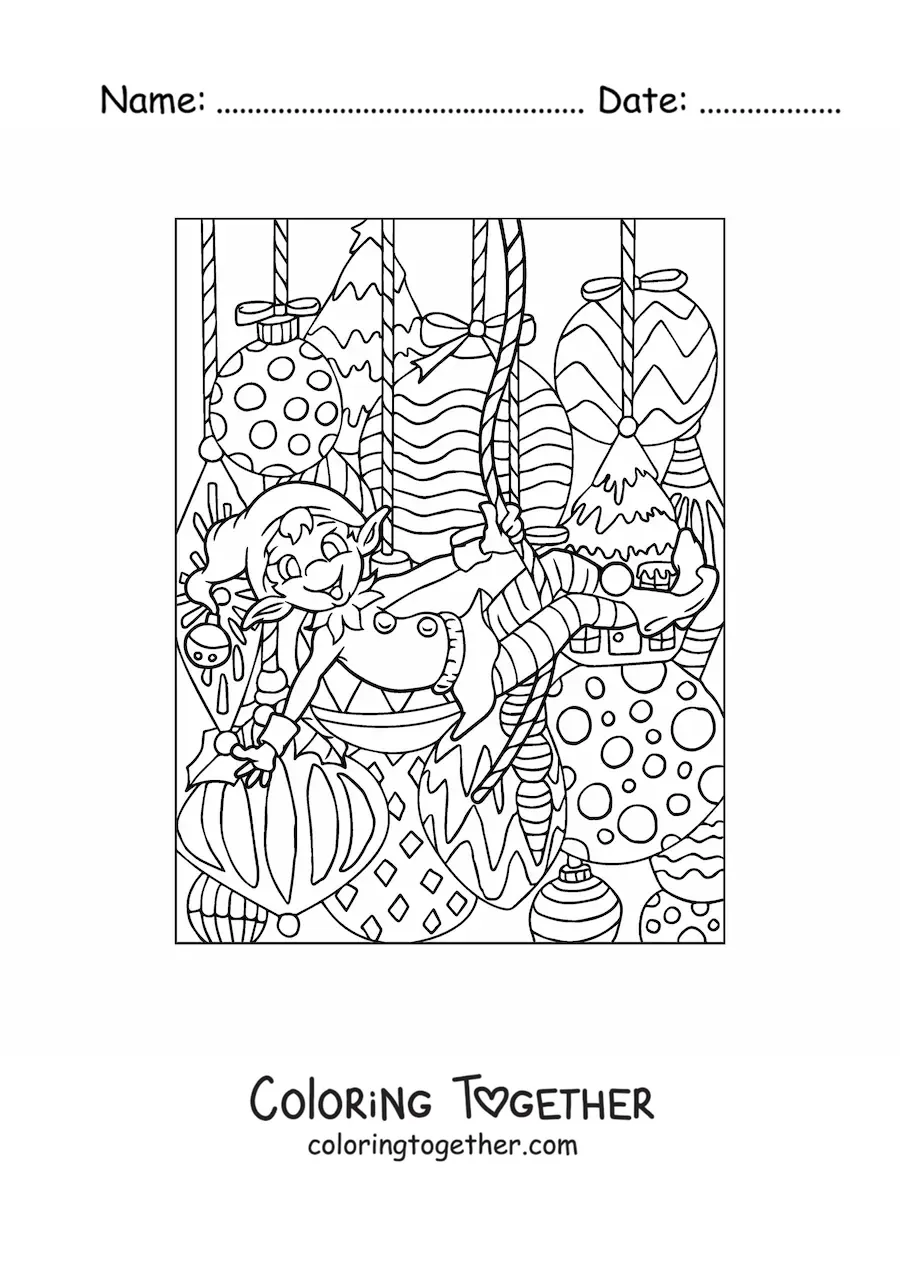 Coloring page of a Christmas elf with baubles